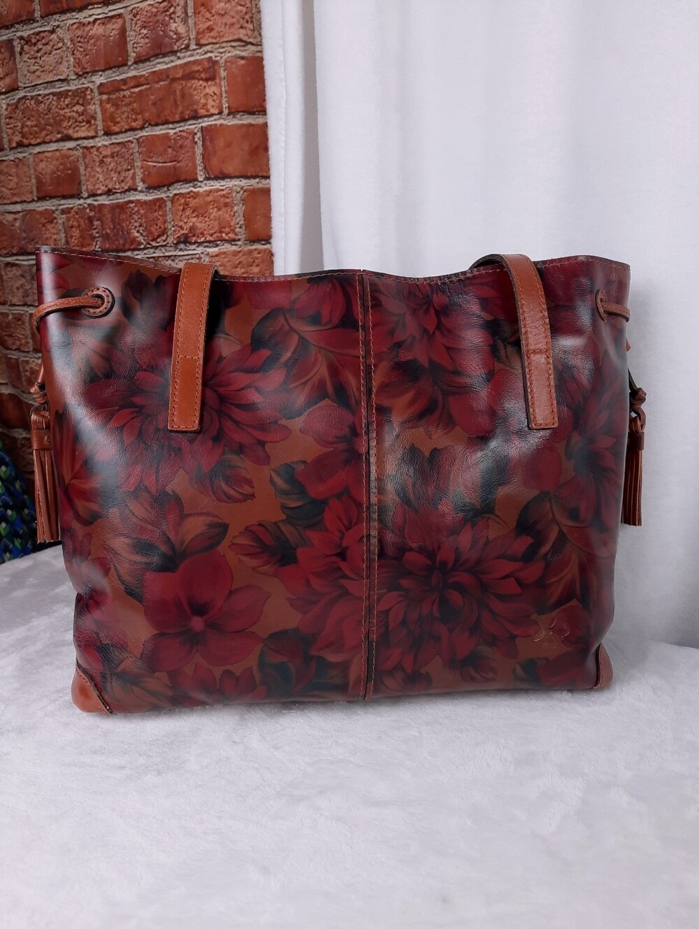 Patricia Nash Peruvian Painting Whitney Leather Tote Drawstring Bag